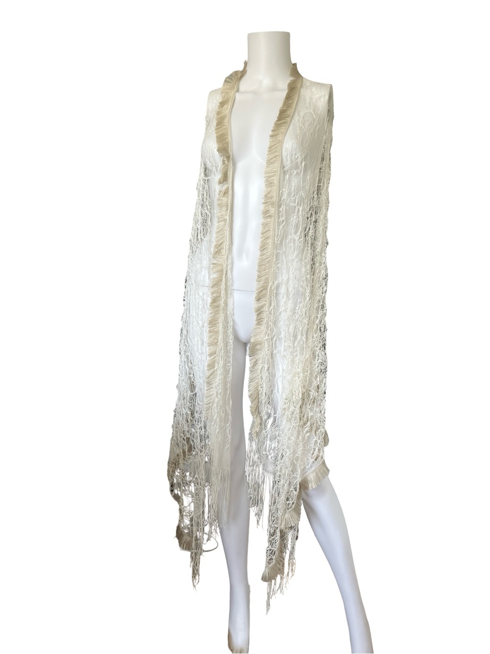 Alexis Delicate White Lace Shawl Open Crochet Fringe Bridal One Size